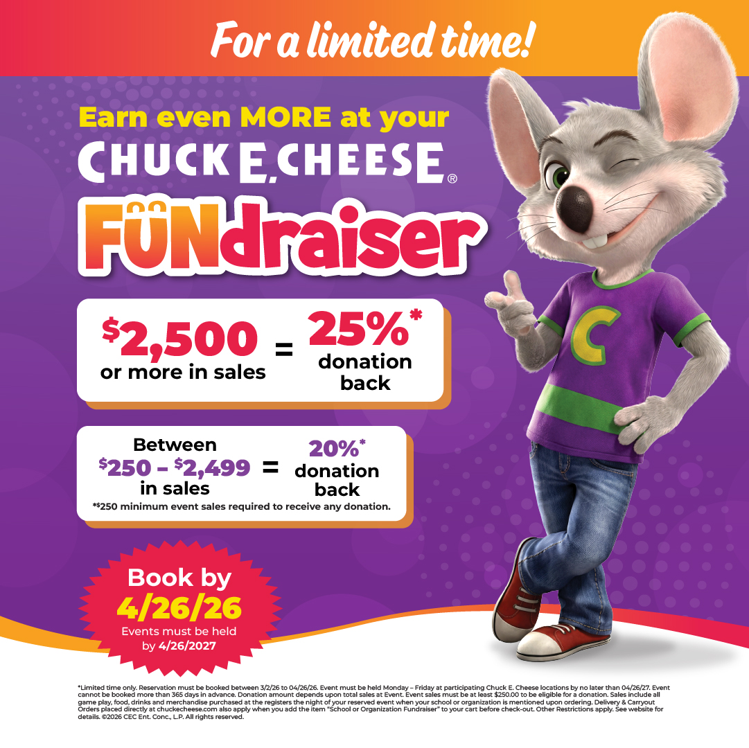 Earn up to 25% Back in Donations with a Chuck E. Cheese School Fundraiser! icon